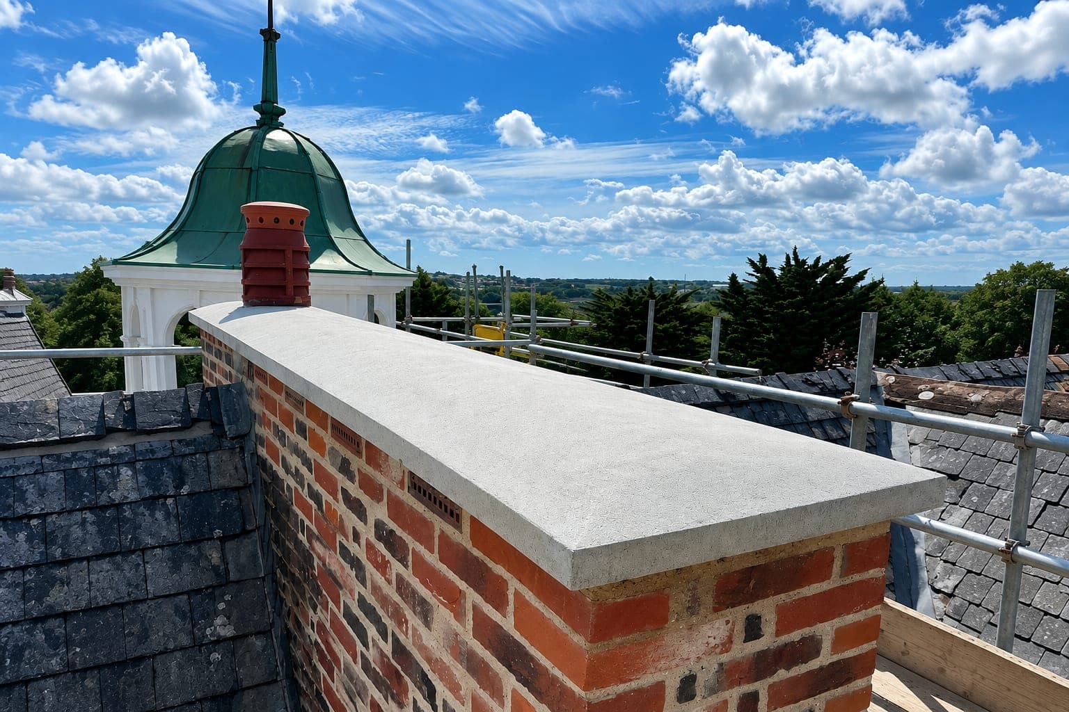 Restored brick chimney stack with a new stone coping and terracotta pot on a listed building in Cornwall, with slate roof and copper cupola beyond